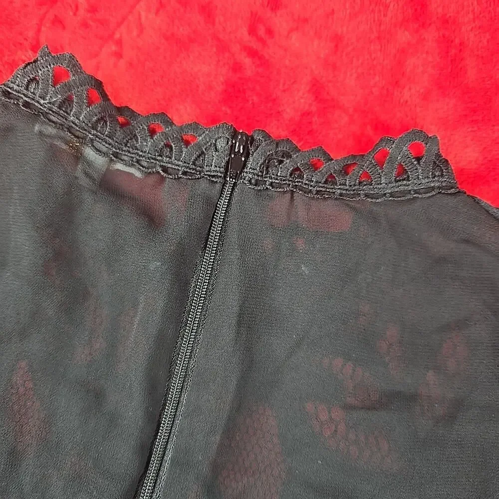 Peach Black Sheer Lace Blouse Floral Scalloped Trim Whimsigoth Coquette Size M - Picture 14 of 16